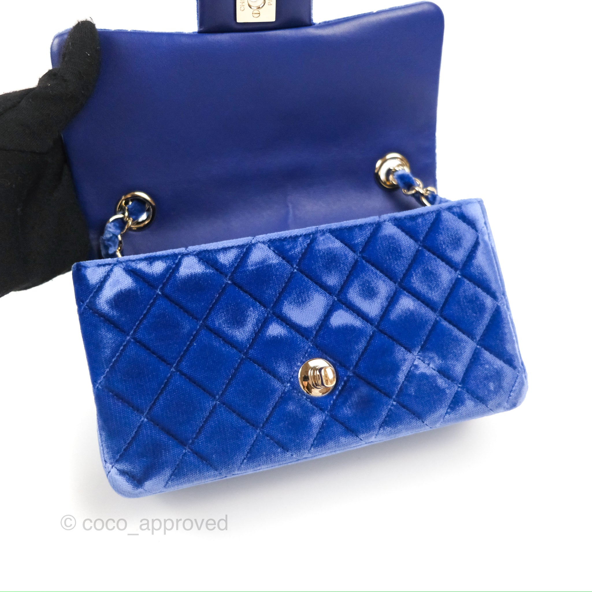 Chanel Quilted Mini Rectangular Flap Blue Velvet Gold Hardware – Coco  Approved Studio