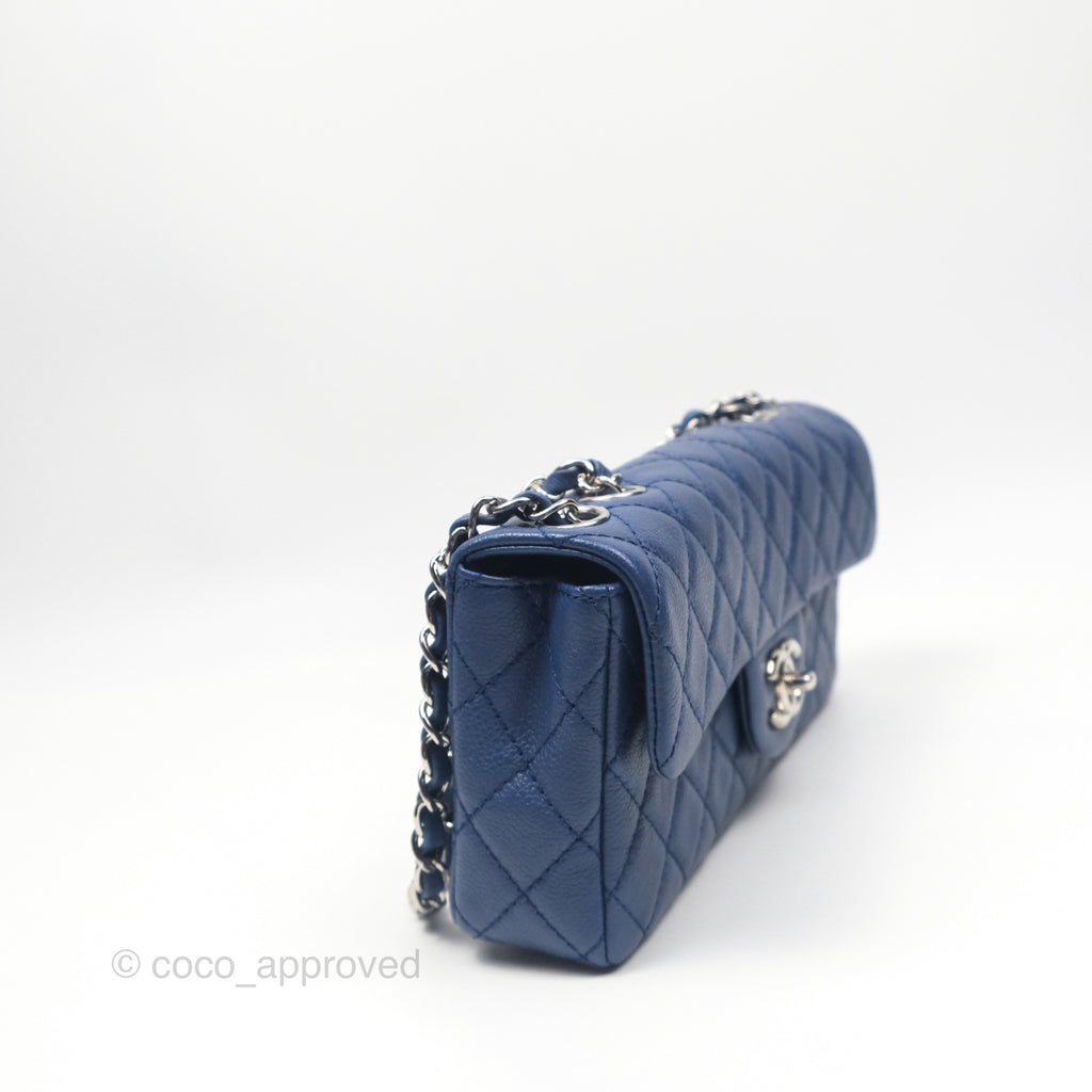 Chanel Quilted East West Flap Bag Blue Caviar Silver Hardware