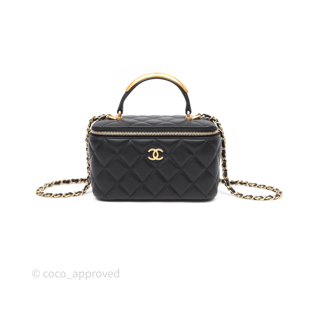 Chanel Vanity Rectangular Metal Top Handle Black Lambskin Aged Gold Hardware