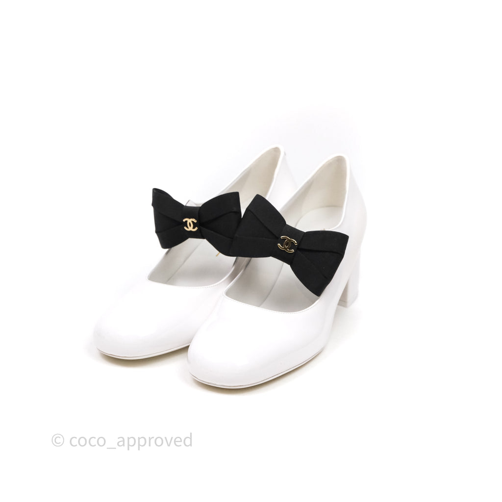 Chanel CC Ribbon Mary Jane Block Heels White Patent Size 39