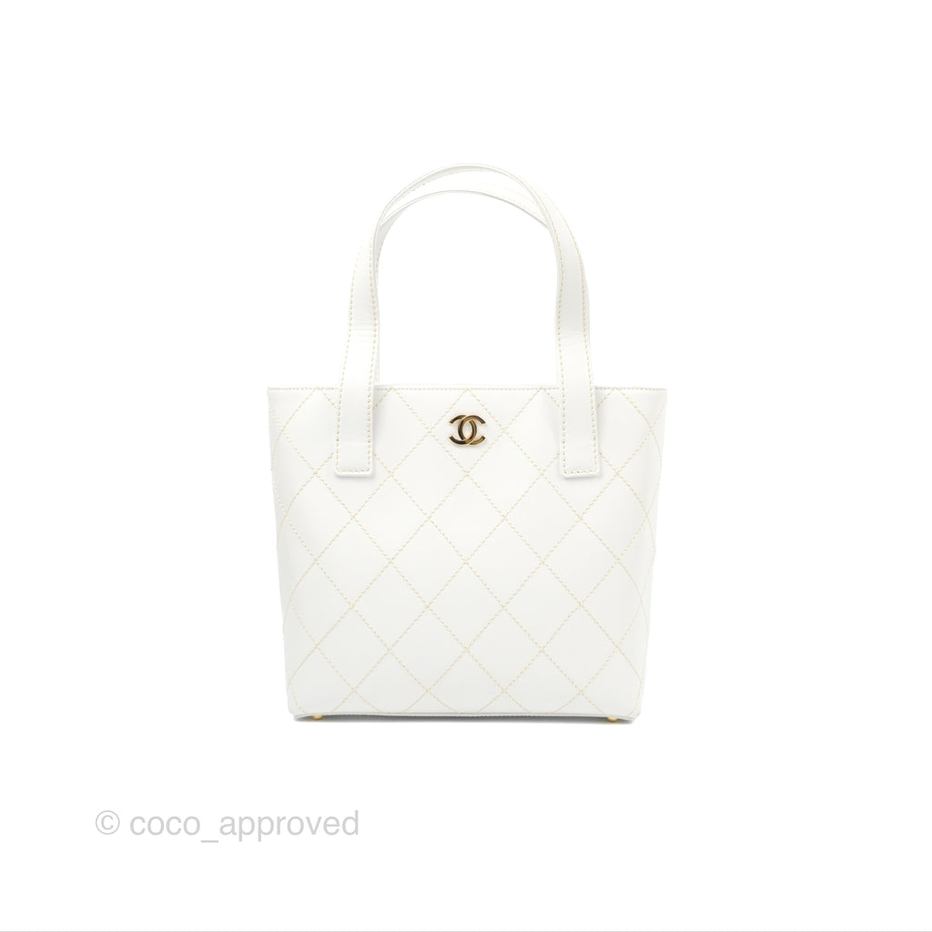 Chanel Vintage Quilted CC Tote Bag White Calfskin Gold Hardware