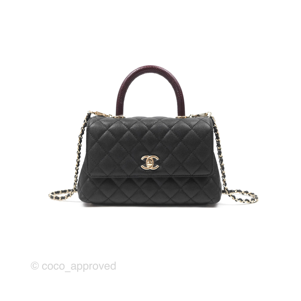 Chanel Small Coco Handle Quilted Black Caviar Gold Hardware Embossed Lizard Handle