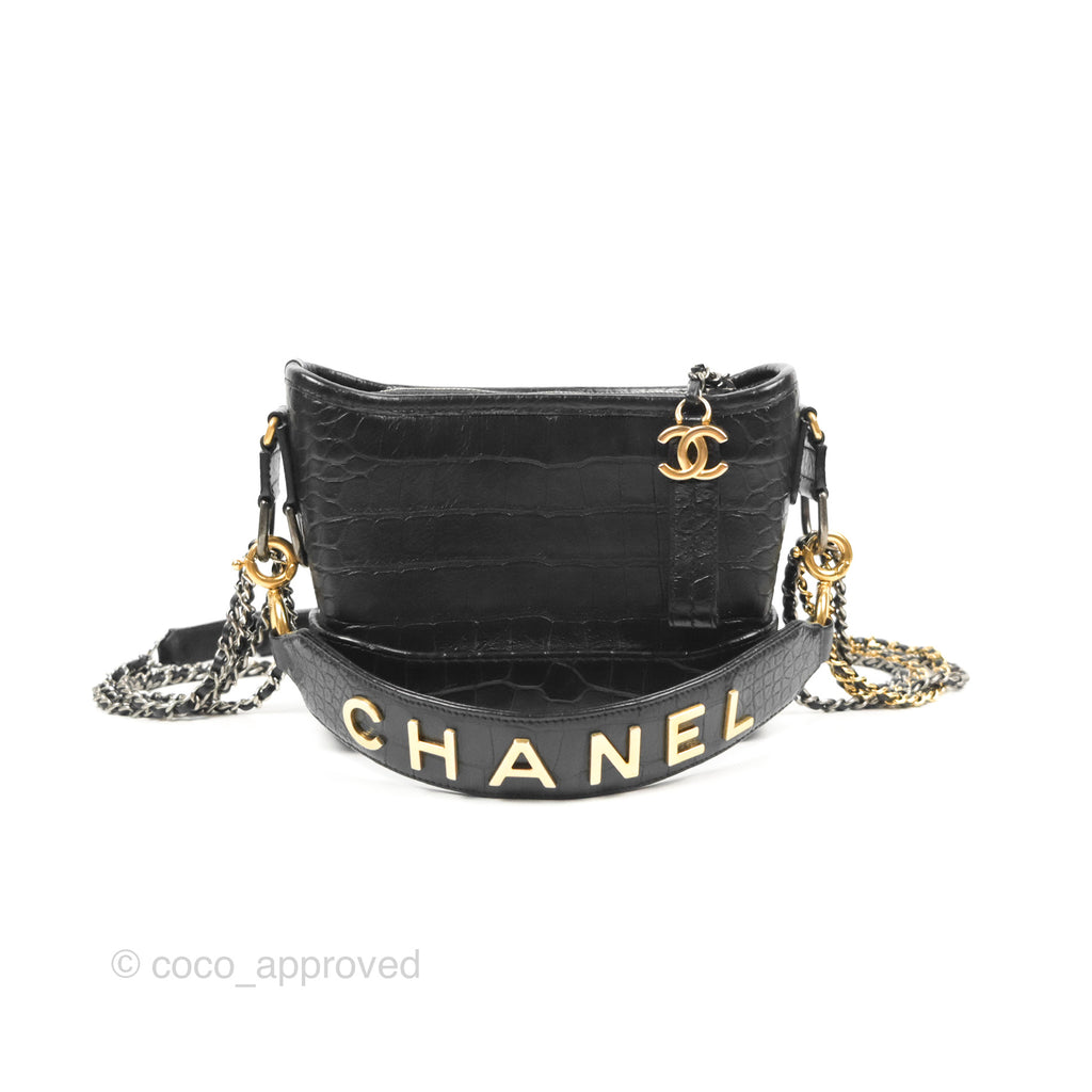 Chanel Small Gabrielle Hobo with Logo Handle Black Croc Embossed Calfskin
