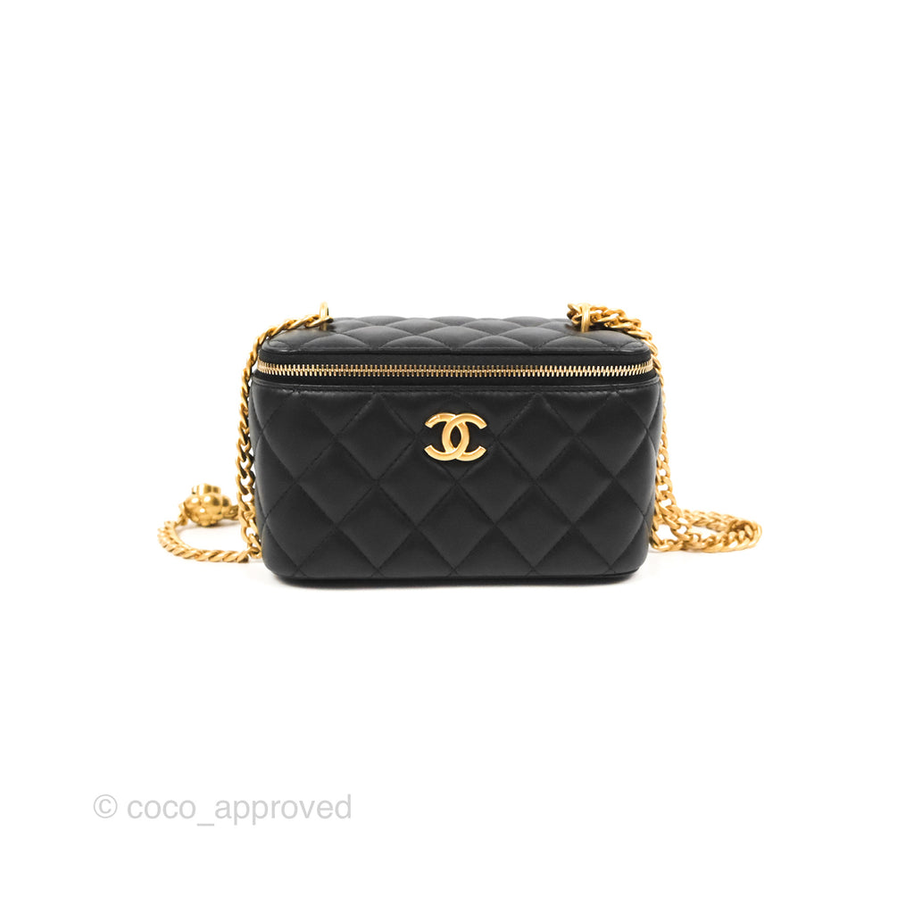 Chanel Quilted Vanity Rectangular with Camellia Adjustable Chain Black Lambskin 23S