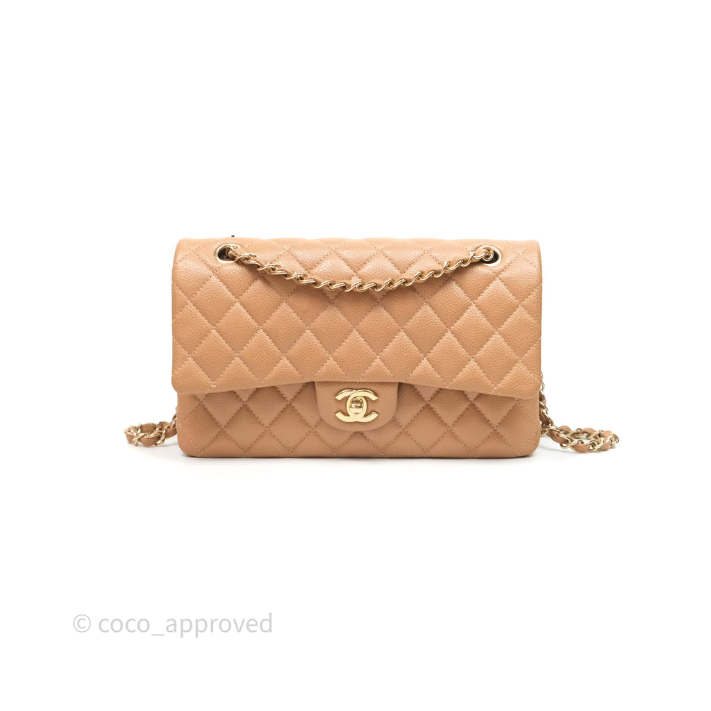 Chanel Classic M/L Medium Flap Quilted Beige Caviar Gold Hardware 