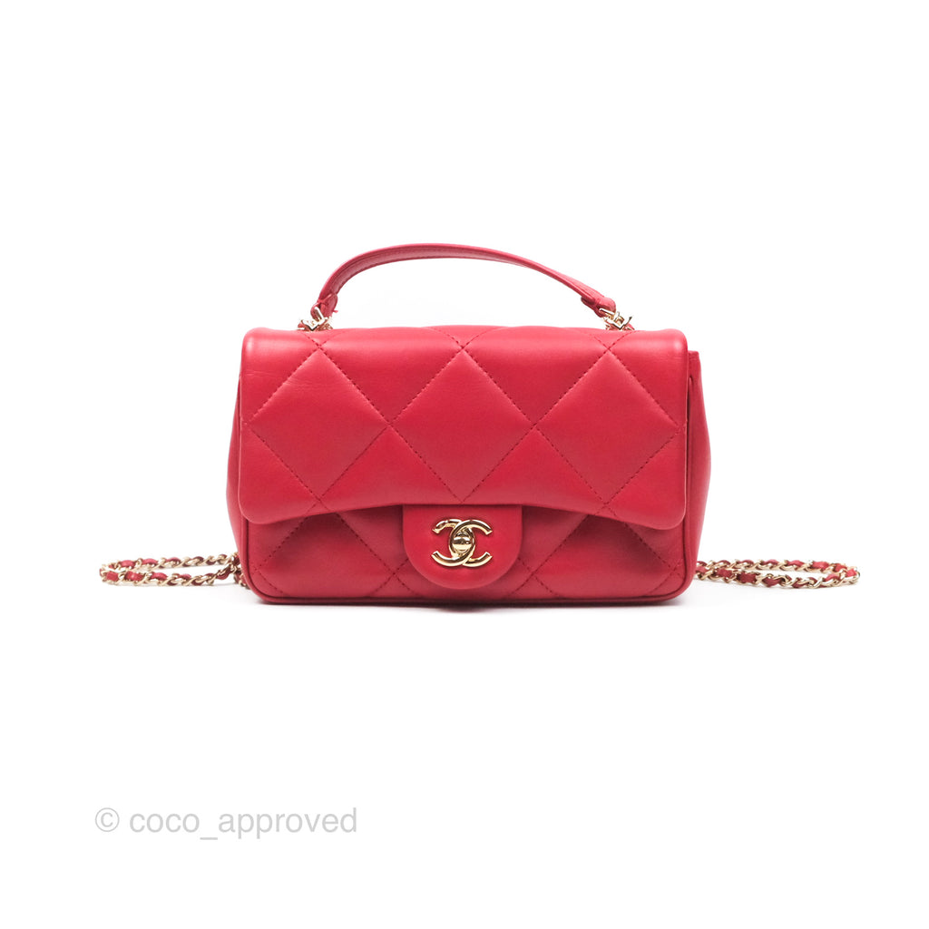 Chanel Easy Carry Flap Bag With Handle Red Lambskin Gold Hardware