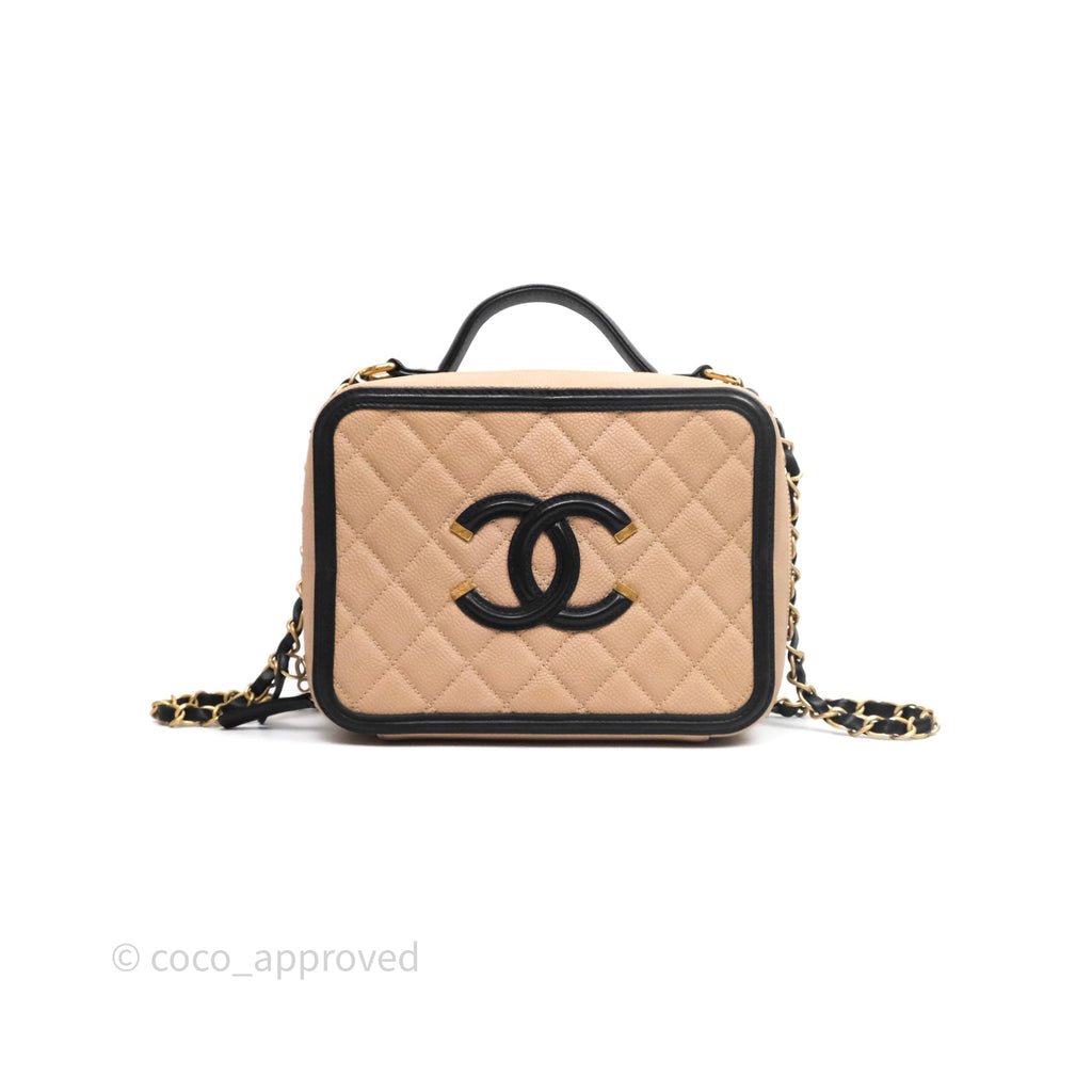 Chanel Medium CC Filigree Vanity Case Quilted Beige Black Caviar