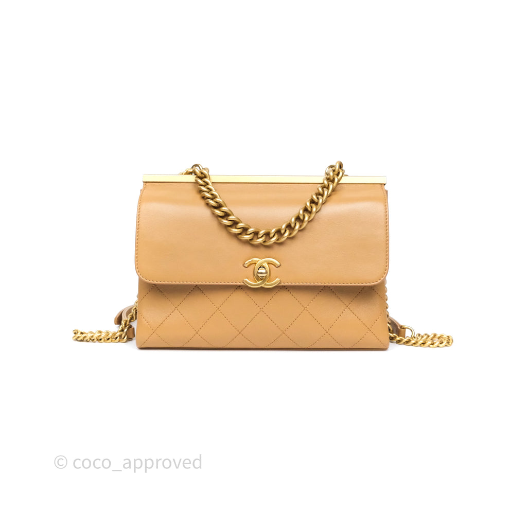 Chanel Small Coco Luxe Flap Bag Caramel Beige Calfskin Aged Gold Hardware