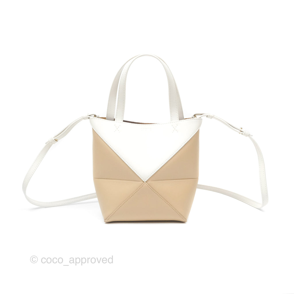 Loewe Mini Puzzle Fold Tote In Shiny Calfskin Soft White/ Paper Craft