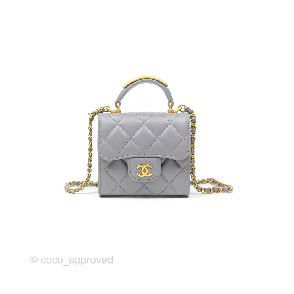 Chanel Mini Metal Handle Clutch With Chain Grey Lambskin Gold Hardware