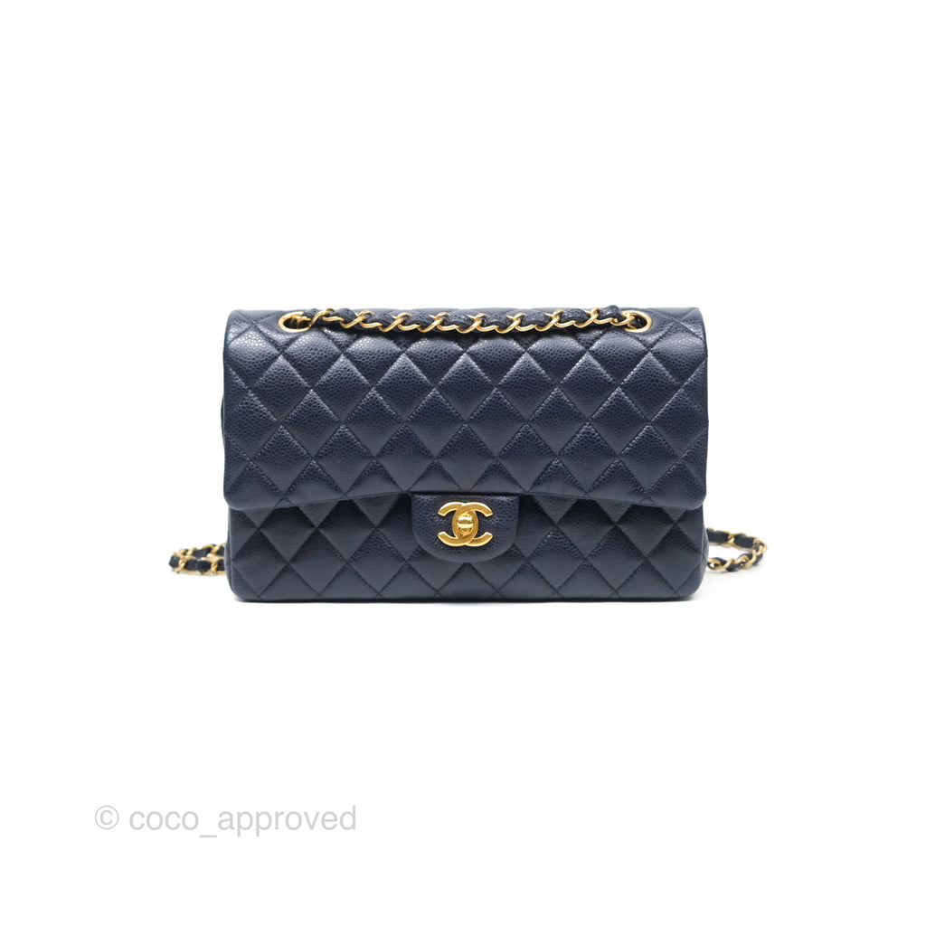 Chanel Classic M/L Medium Flap Quilted Navy Caviar Aged Gold Hardware