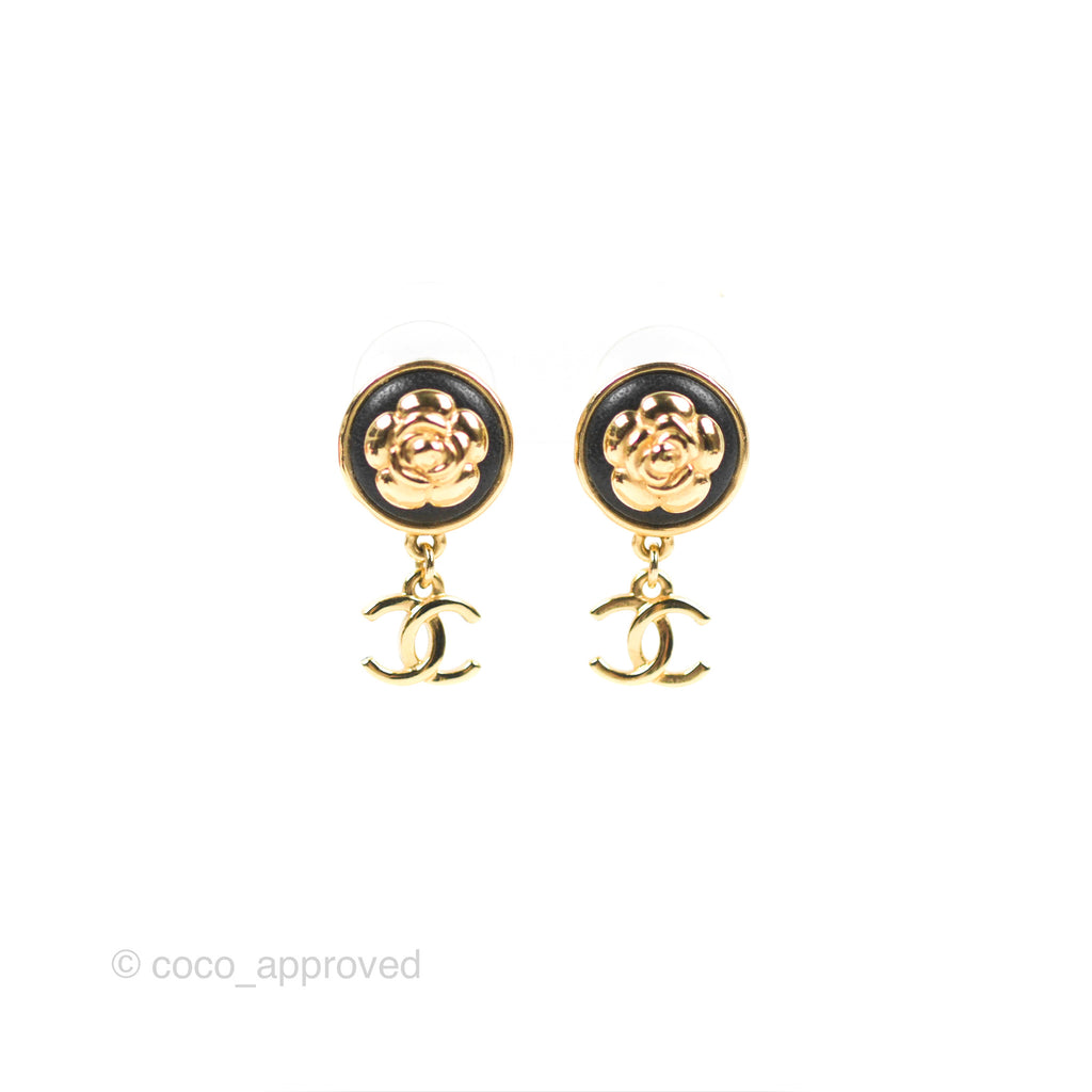 Chanel Round Camellia CC Earrings Black Leather Gold Tone 22A – Coco  Approved Studio