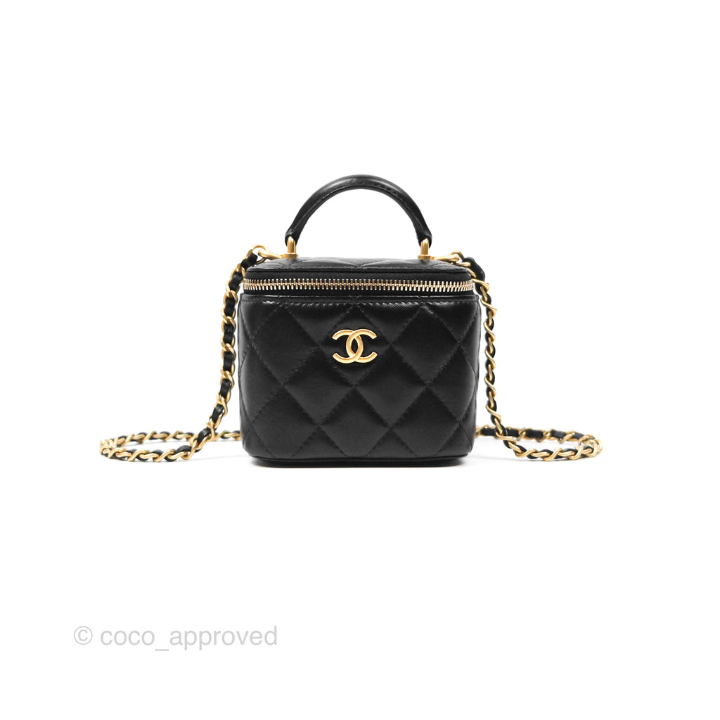 Chanel Mini Top Handle Vanity With Chain Black Lambskin Aged Gold Hardware