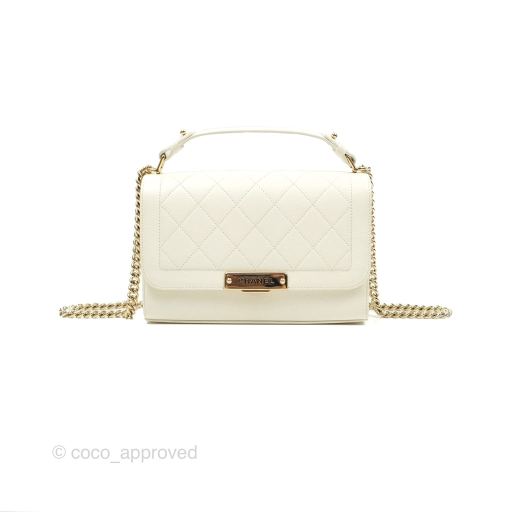 Chanel Quilted Label Click Flap Bag White Grained Calfskin Gold Hardware