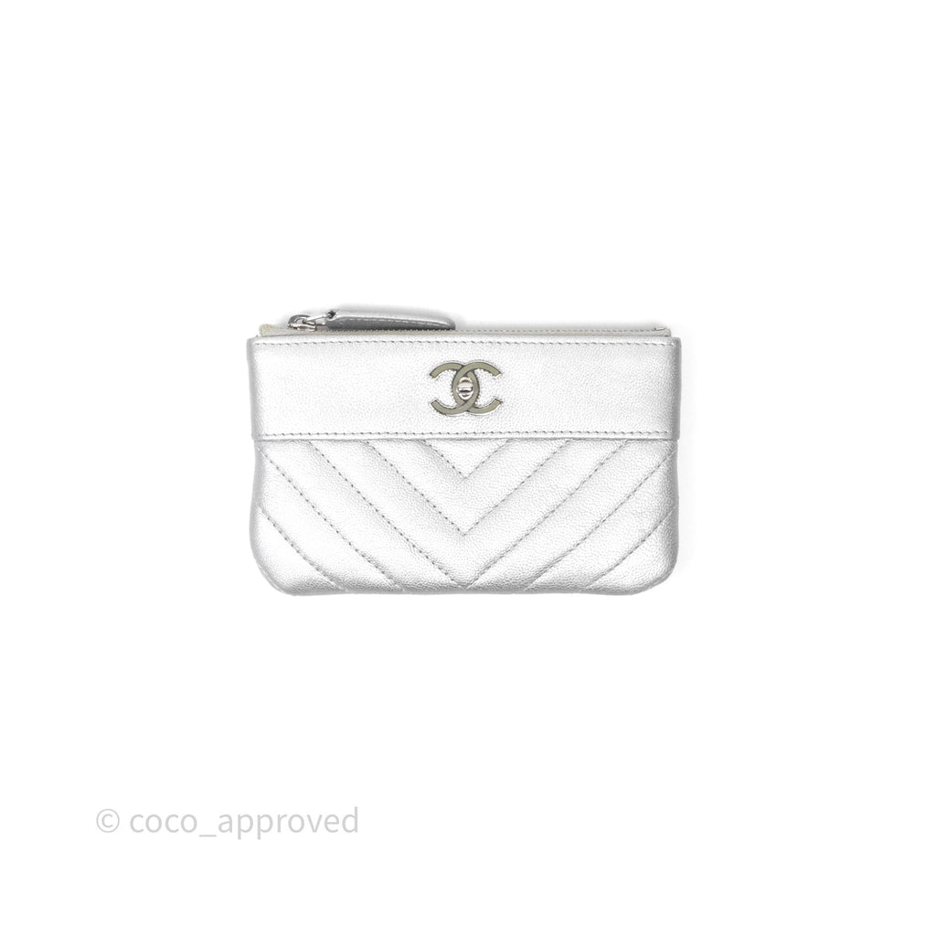 Chanel Mini Chevron Mademoiselle O Case Silver Goatskin Silver Hardware