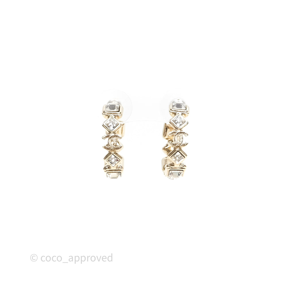 Chanel Crystal Hoop Earrings Gold Tone 20B