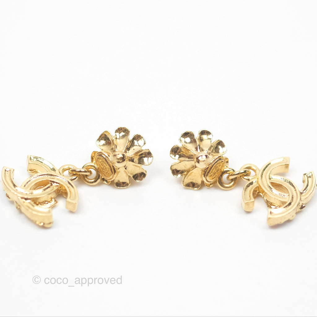 Chanel Pearl Flower Crystal CC Drop Earrings Gold Tone 22K