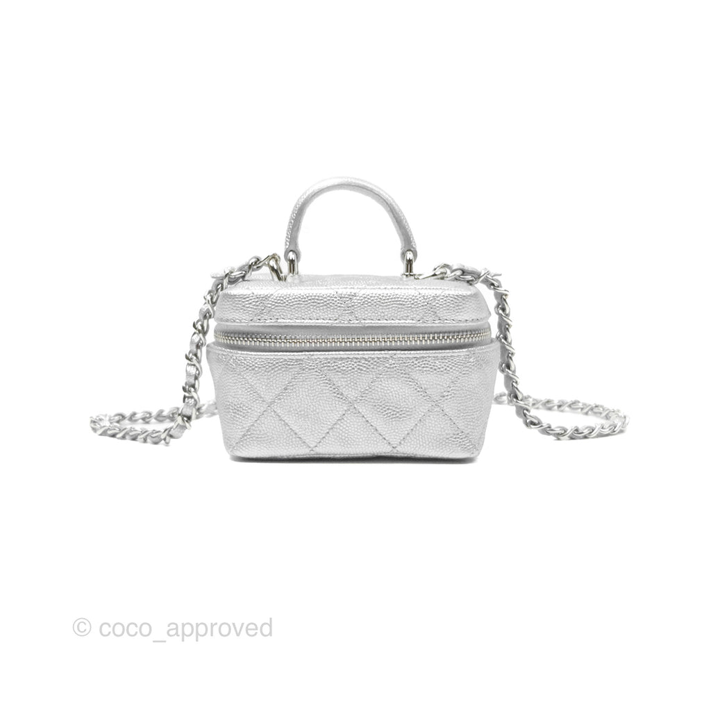 Chanel Quilted Mini Top Handle Vanity With Chain Metallic Silver Caviar Silver Hardware