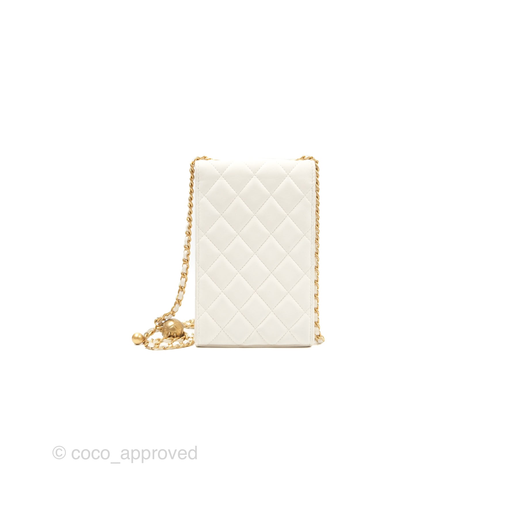 Chanel Quilted Pearl Crush Phone Holder With Chain White Lambskin 