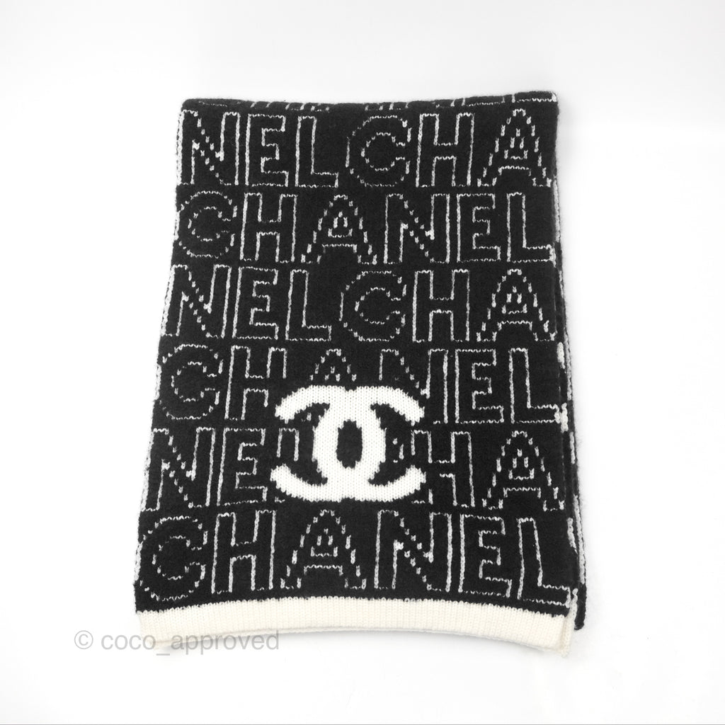 Chanel Logo CC Scarf Black & White Cashmere Wool Silk