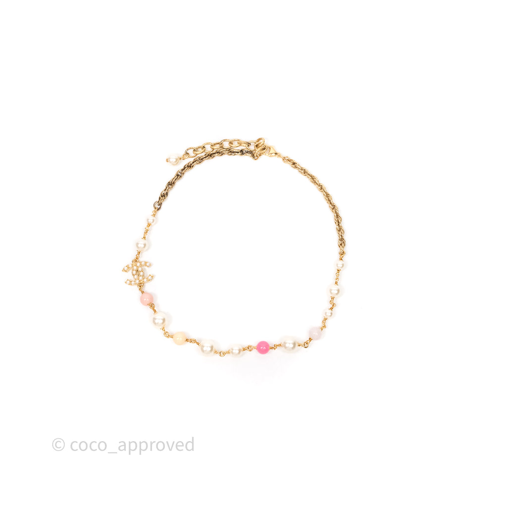 Chanel CC Pearl Pink Bead Necklace Gold Tone 22A