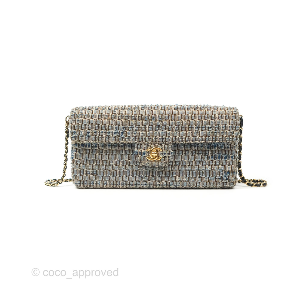 Chanel East West Chocolate Bar Flap Bag Grey Blue Tweed 24K Gold Hardware