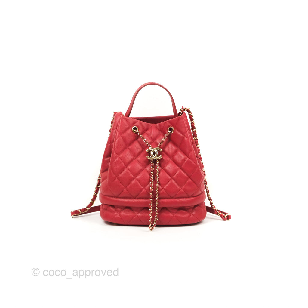 Chanel Medium Quilted Rolled Up Bucket Drawstring Bag Red Caviar Gold Hardware