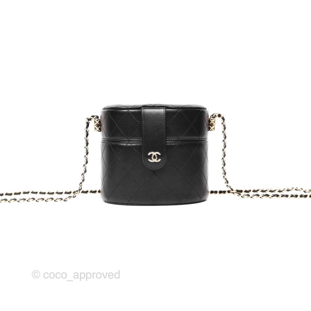 Chanel Quilted Round Vanity Clutch With Chain Black Lambskin Gold Hardware