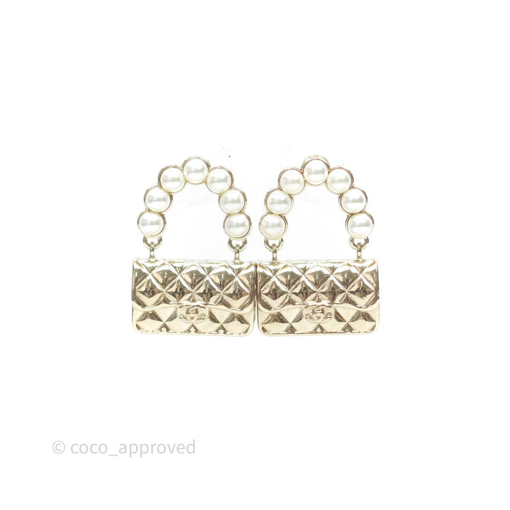 Chanel Pearl Quilted CC Flap Bag Earrings Gold Tone 21S