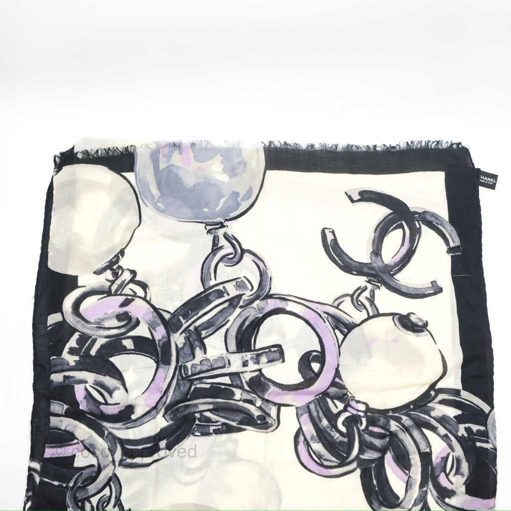 Chanel Pearl Chain CC Print Scarf Wool/Cashmere/Silk Ivory Black
