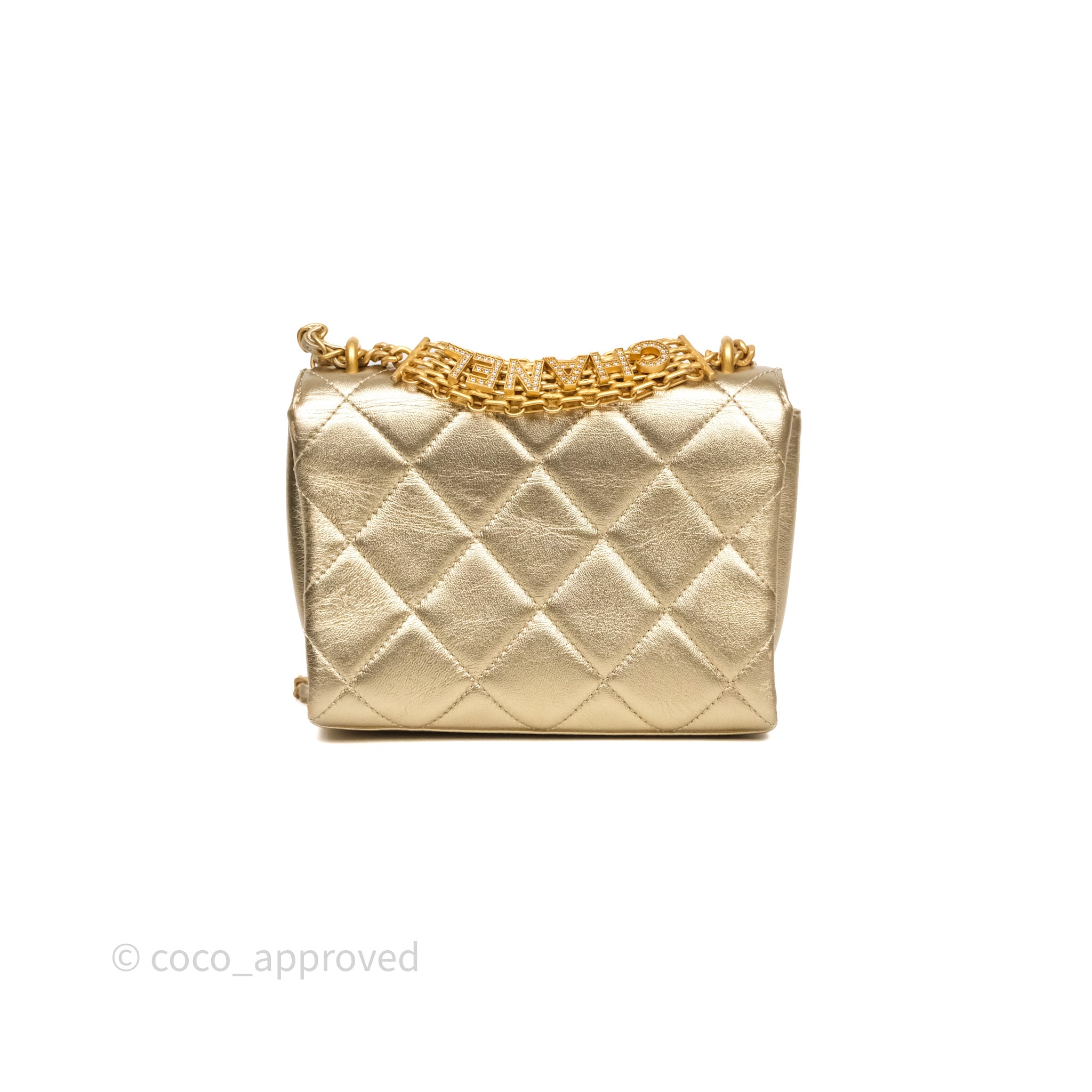 Chanel Mini Crystal Logo Handle Flap Bag Metallic Gold Lambskin