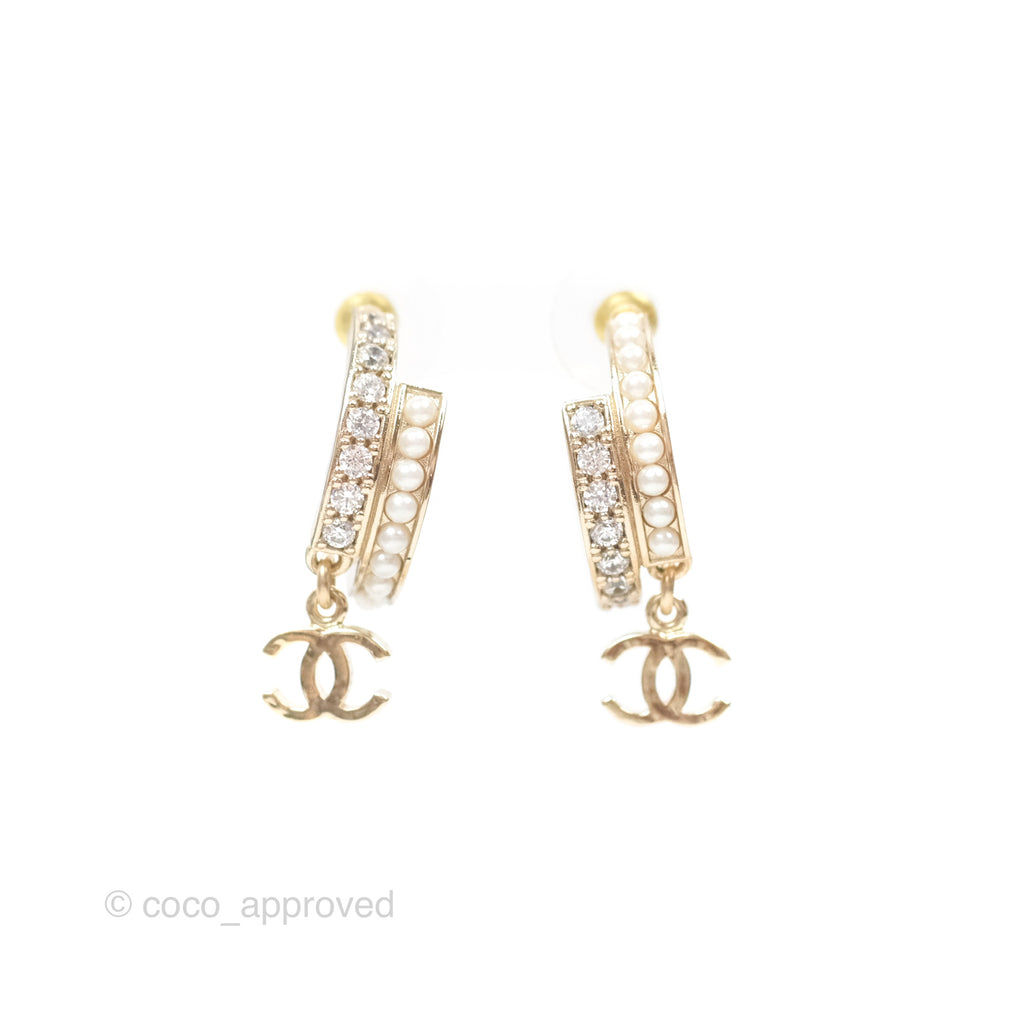 Chanel Pearl Crystal Hoop Earrings Gold Tone 22B