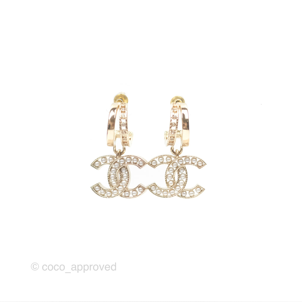 Chanel Pearl Crystal CC Drop Earrings Gold Tone 21B