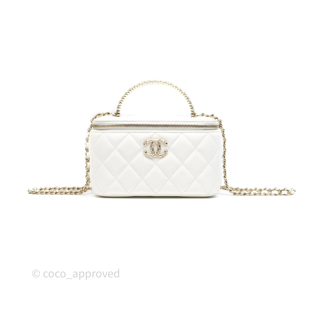 Chanel Crystals Top Handle Vanity Rectangular White Lambskin Gold Hardware