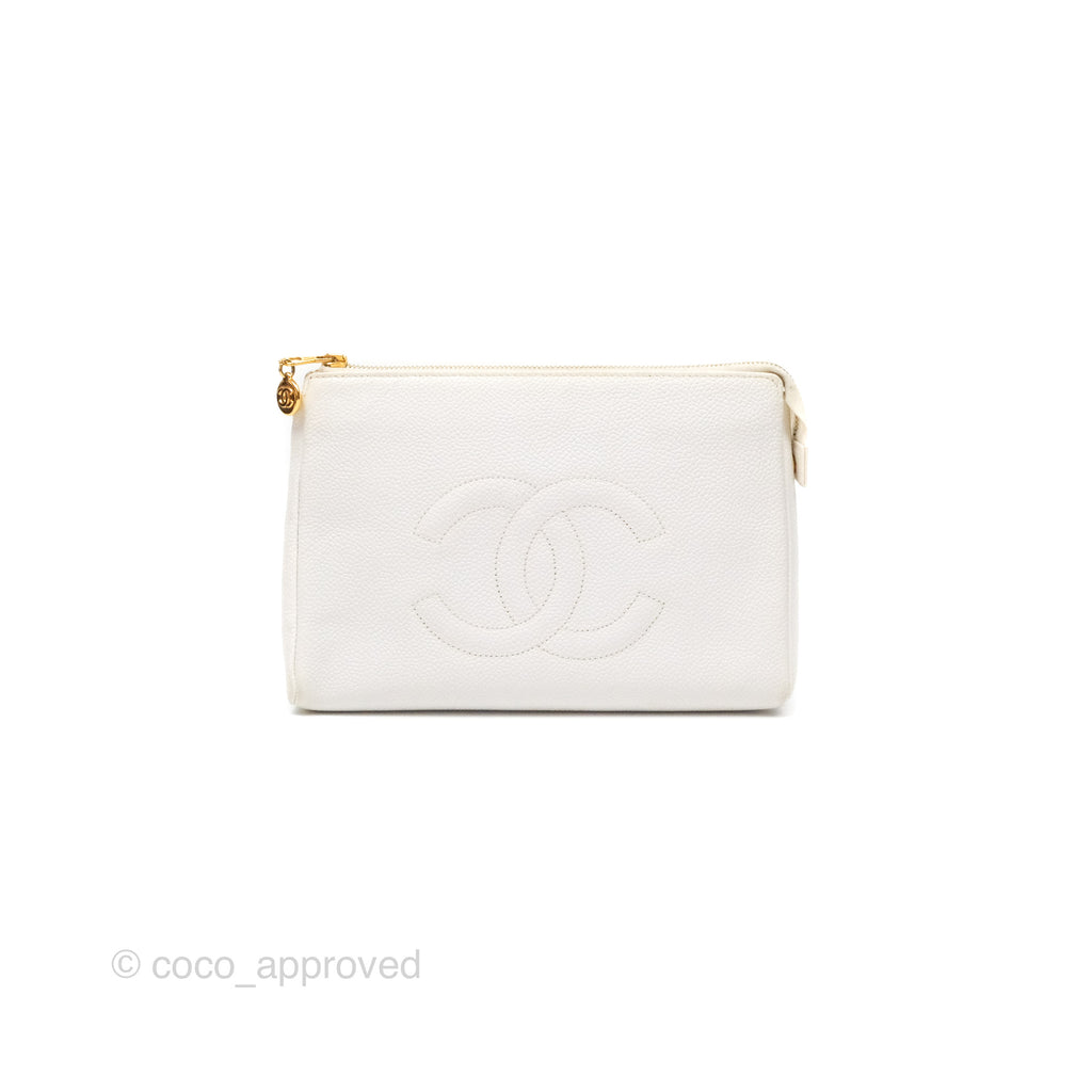 Chanel Vintage CC Clutch White Caviar Gold Hardware 