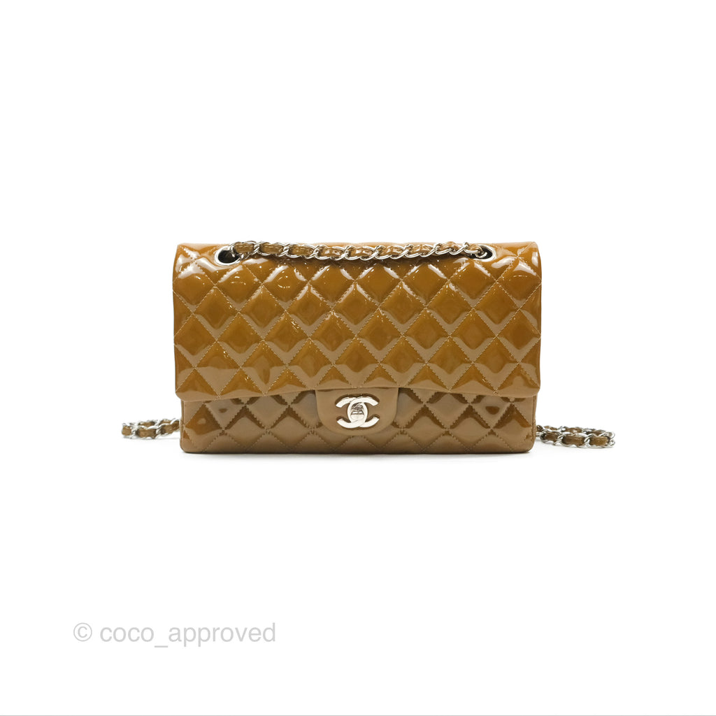 Chanel Classic M/L Medium Flap Quilted Brown Patent Silver Hardware
