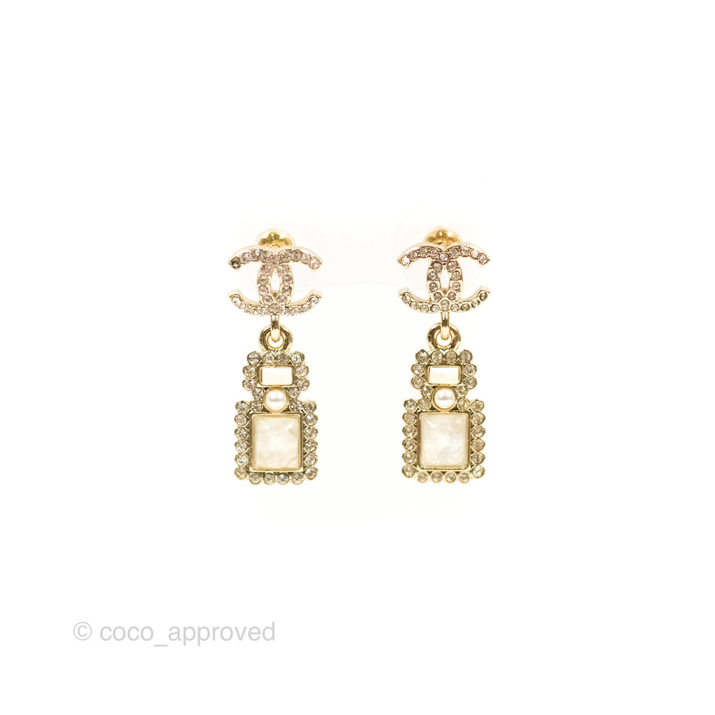 Chanel CC Crystal Perfume Bottle Earrings Gold Tone 21K – Coco Approved  Studio
