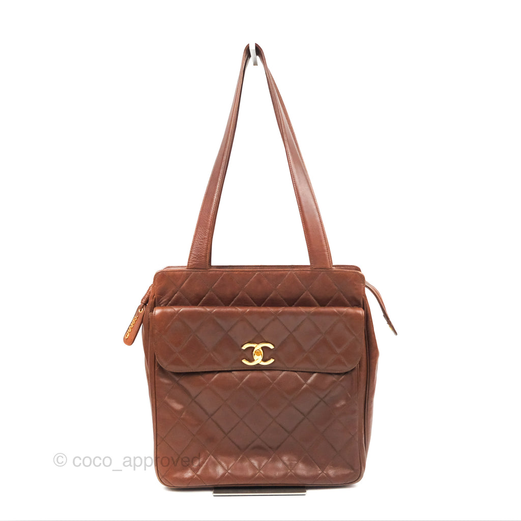 Chanel Vintage Tote Bag Quilted Brown 24K Gold Hardware