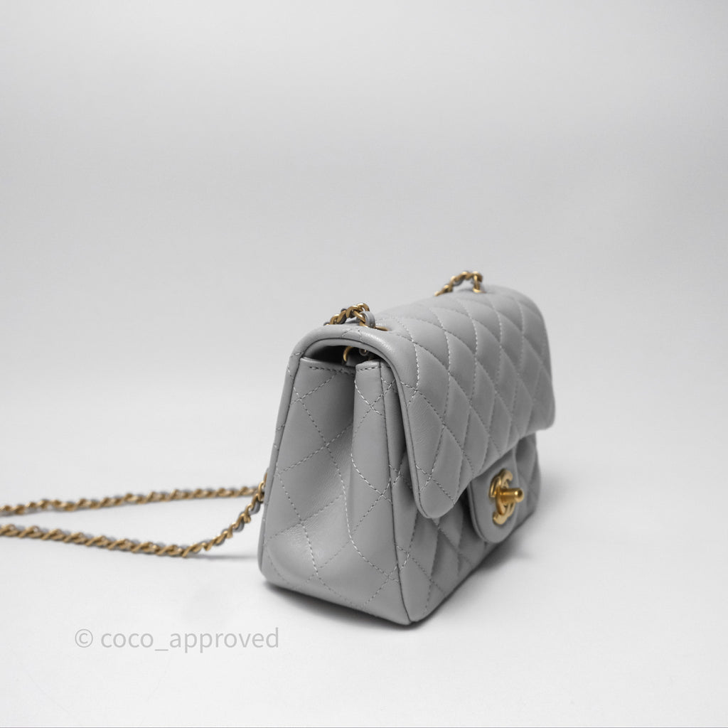 Chanel Mini Square Pearl Crush Quilted Grey Lambskin Aged Gold Hardware