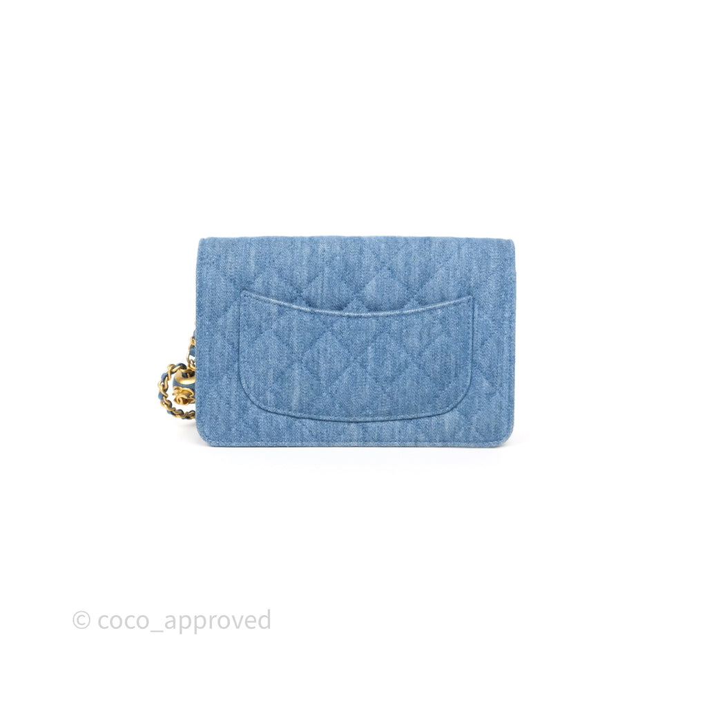 Chanel Quilted Pearl Crush Wallet on Chain WOC Denim Aged Gold Hardware