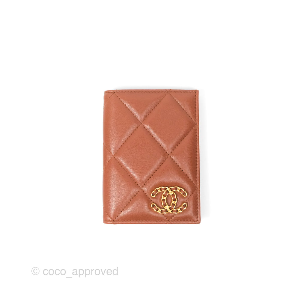 Chanel 19 Quilted Passport Holder Tan Lambskin Gold Hardware