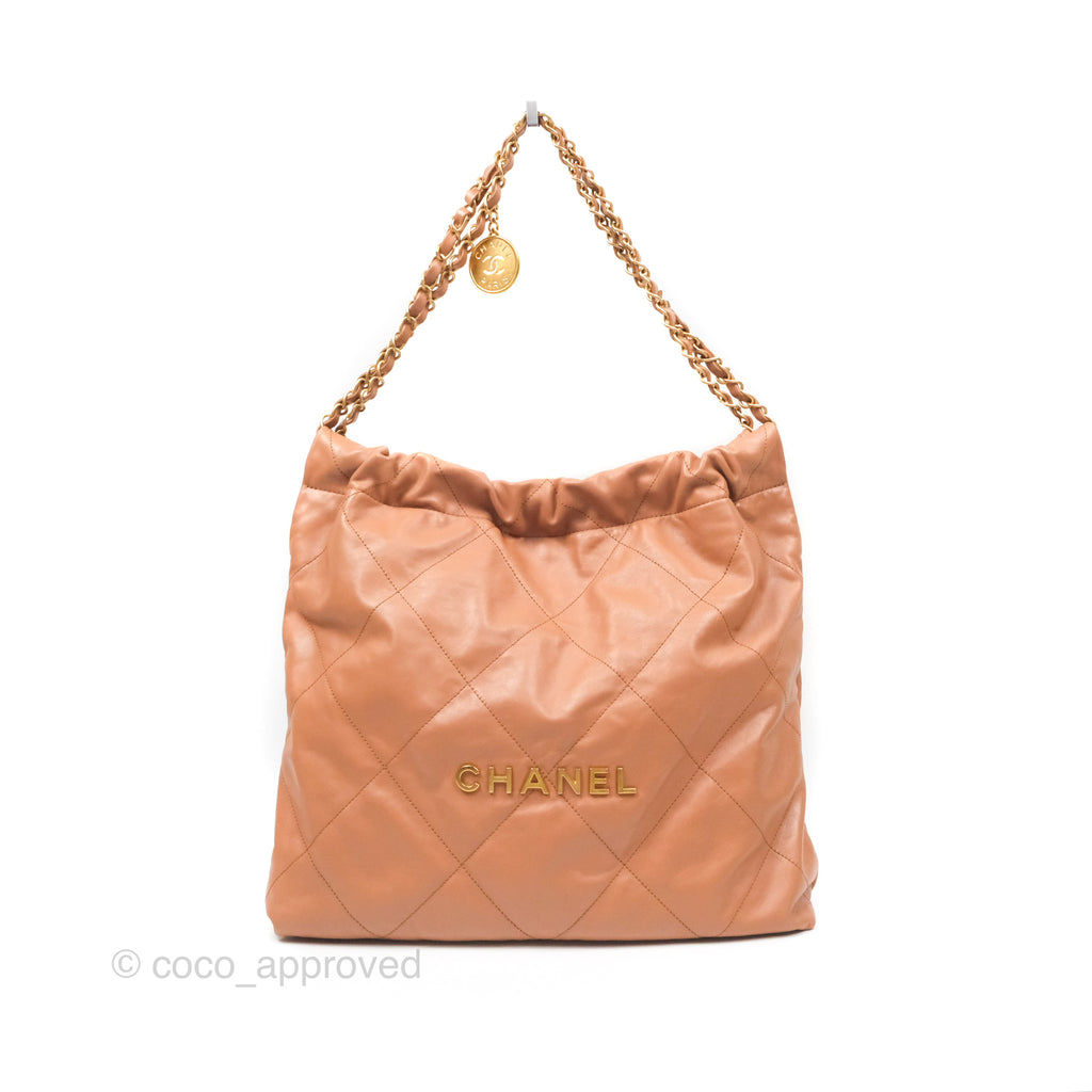 Chanel 22 Medium Caramel Beige Shiny Calfskin Aged Gold Hardware