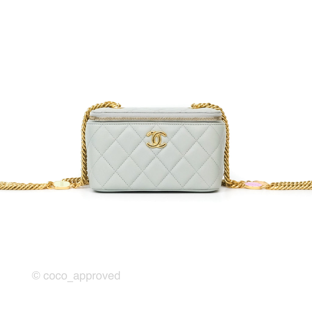 Chanel Quilted Vanity Rectangular with Chain Grey Blue Lambskin Gold Hardware