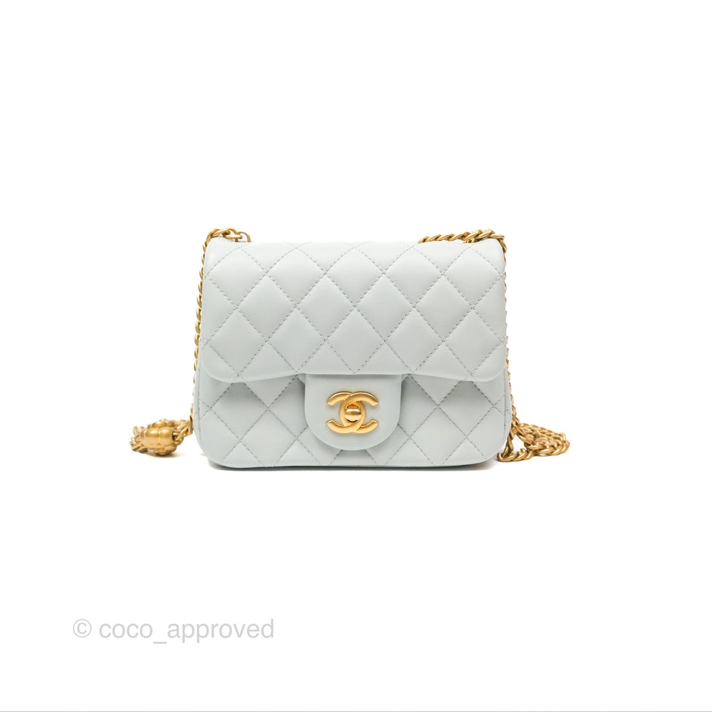 Chanel Quilted Mini Square Flap with Camellia Adjustable Chain Blue Clair Lambskin 23S