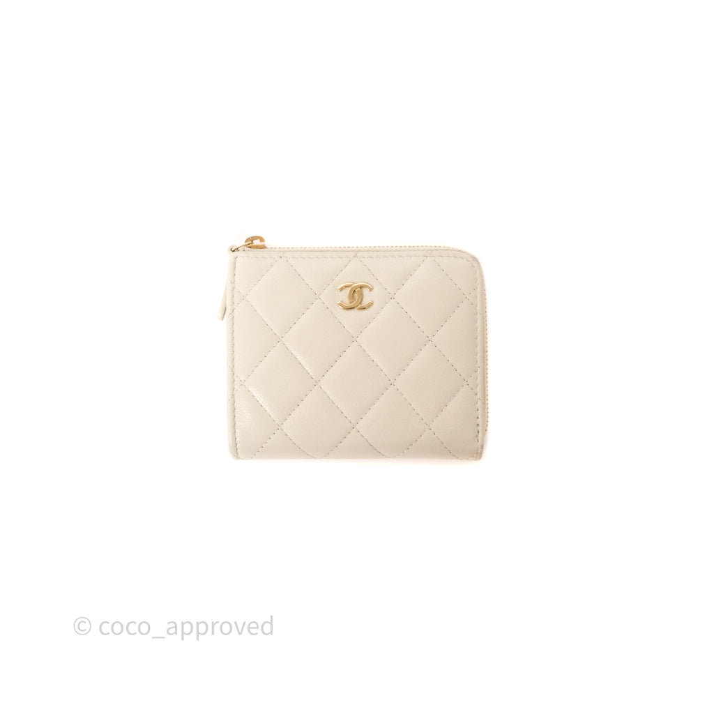 Chanel Zipper Card Holder Wallet Light Grey Caviar Gold Hardware