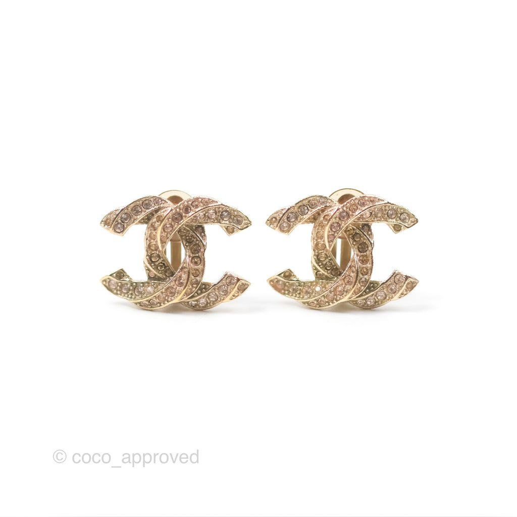 Chanel CC Pink Crystal Ear Clips Gold Tone 16C