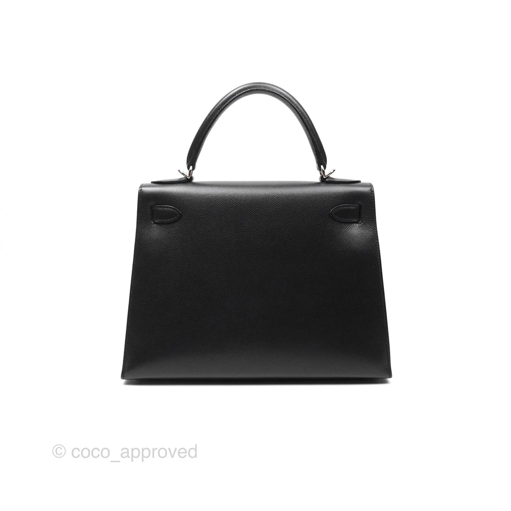 Hermès Vintage Kelly 28 Sellier Noir 89 Courchevel Palladium Hardware