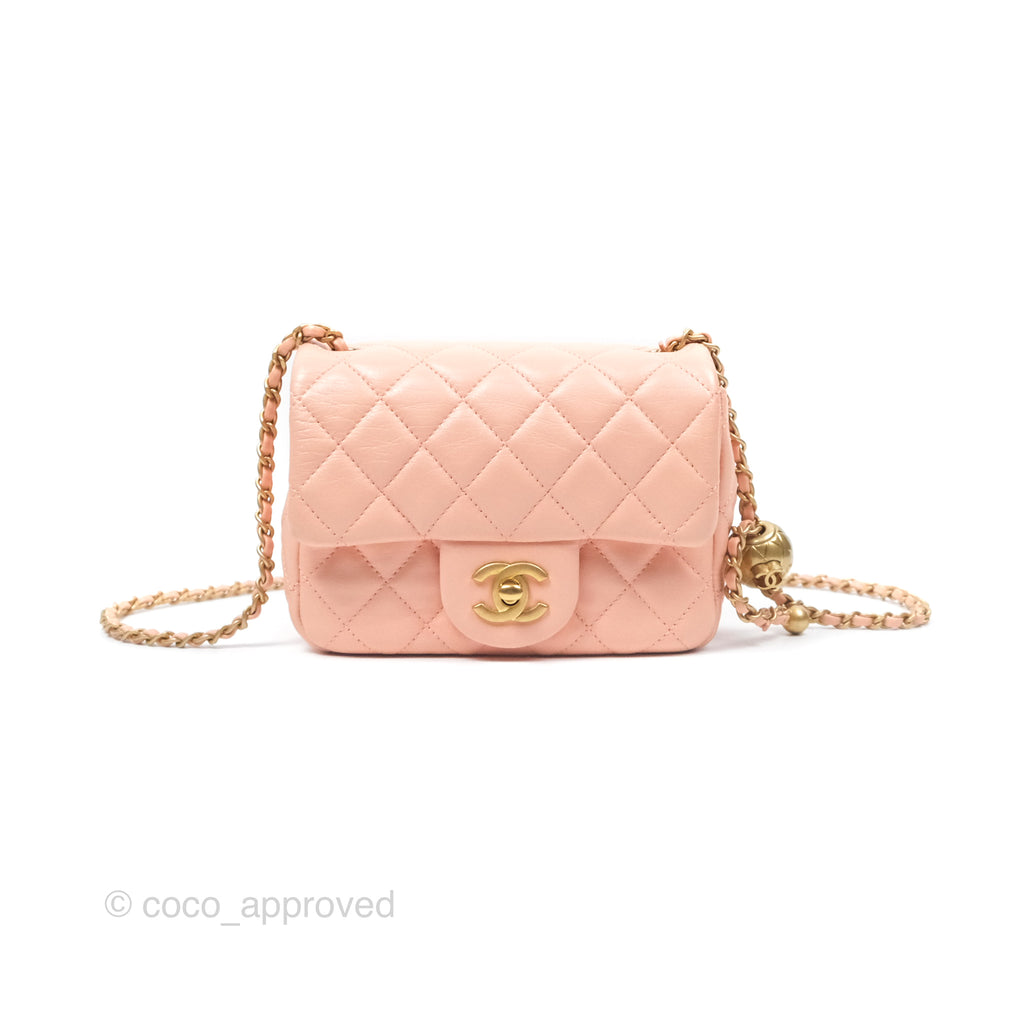 Chanel Pearl Crush Mini Square Quilted Peach Beige Lambskin Aged Gold Hardware