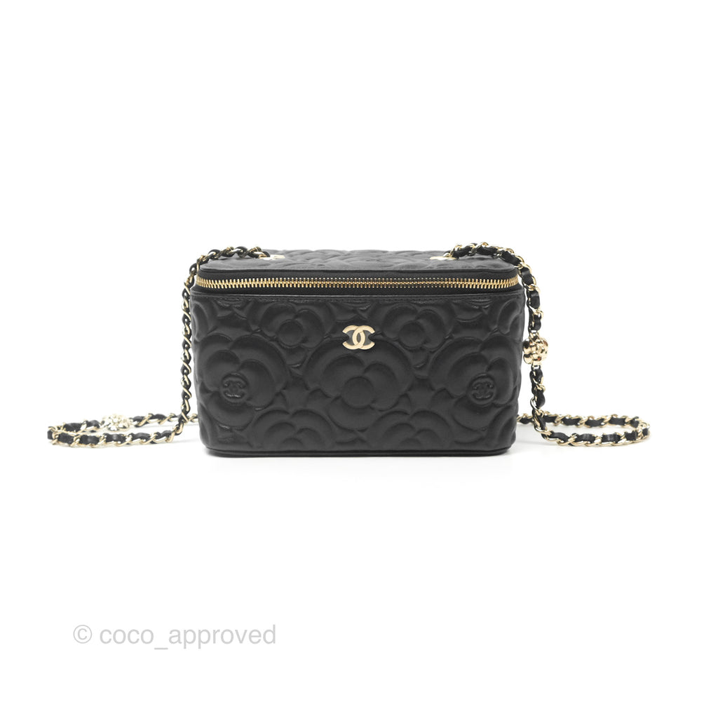 Chanel Vanity Rectangular Camellia Embossed Black Lambskin Gold Hardware