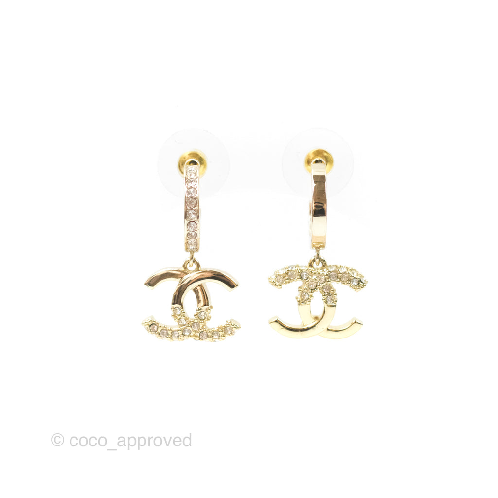 Chanel Crystal CC Drop Earrings Gold Tone 22B